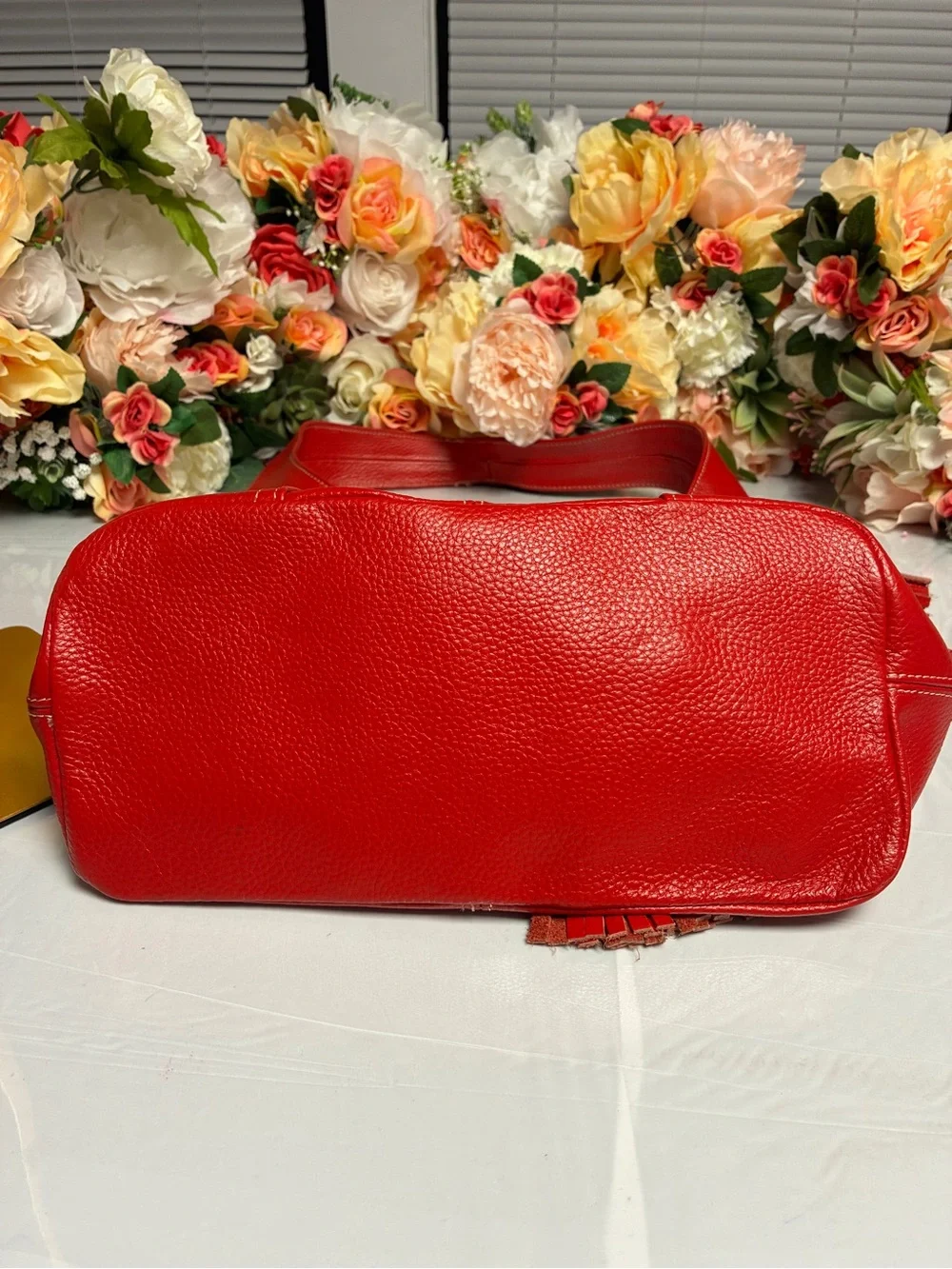 LAGGO Andrea Pebbled Leather Hobo Shoulder Bag Red Tassel Front Pockets Large